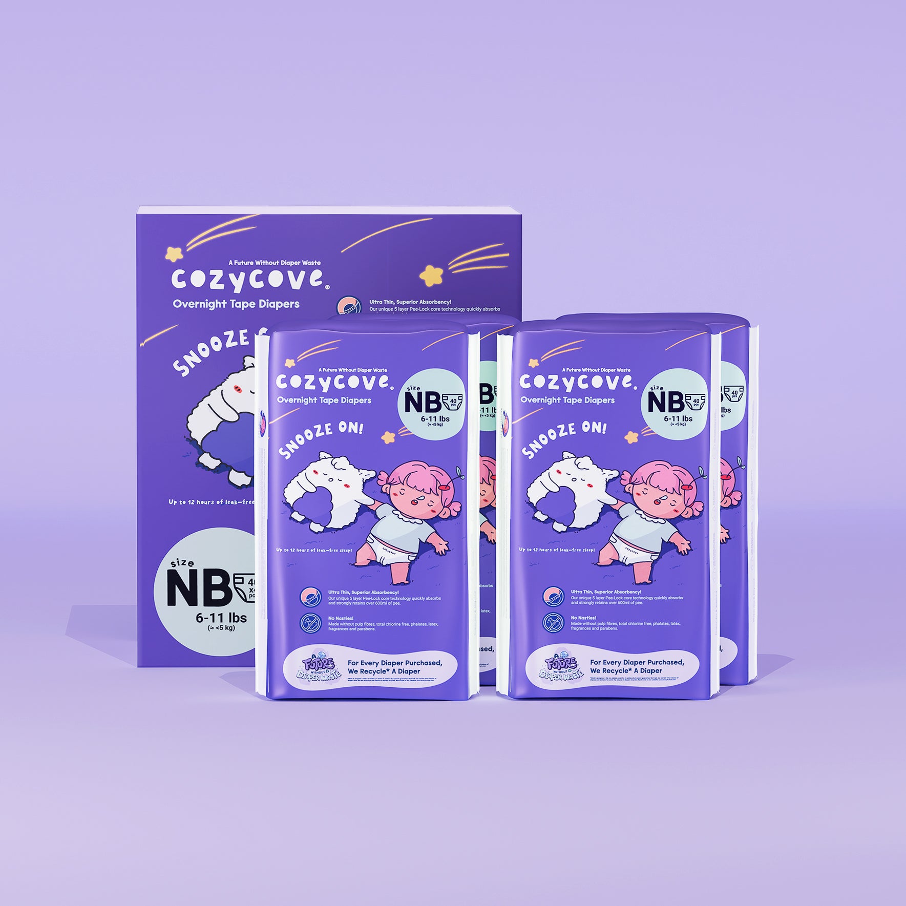 Snooze On Overnight Tape Diaper - Size NB, 2, 3, 4, 5, 6