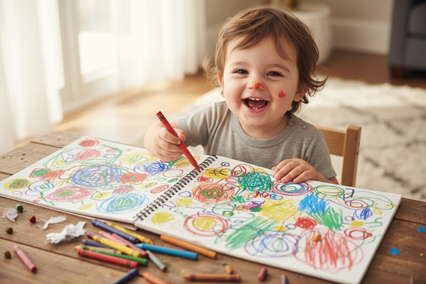 baby 2 years old drawing random shapes on drawing book