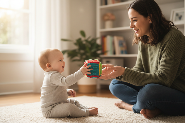 baby passing objects like toys to mom