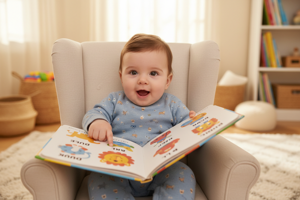 baby reading book and learning about new words 